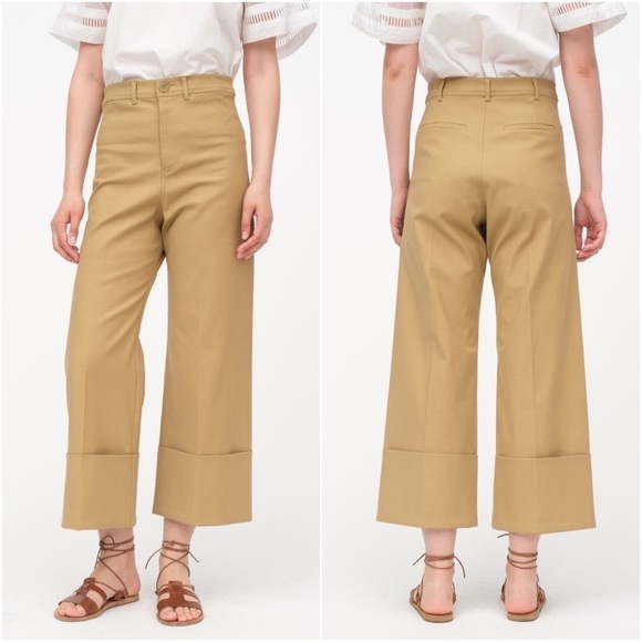 SEA NEW YORK High Rise Wide Leg Oversize-Cuff Crop Linen Blend Khaki Trousers 4 - Picture 2 of 7